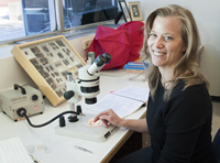 Laurie Kerzicnik using microscope 